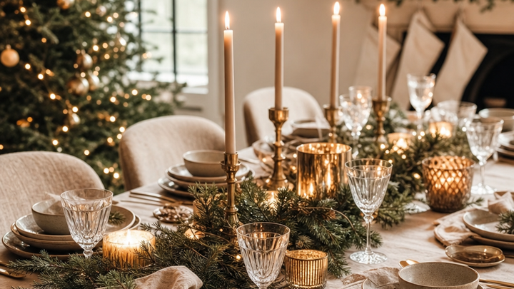 Weihnachtlich dekorierter Tisch mit Kerzen und Leinenservietten